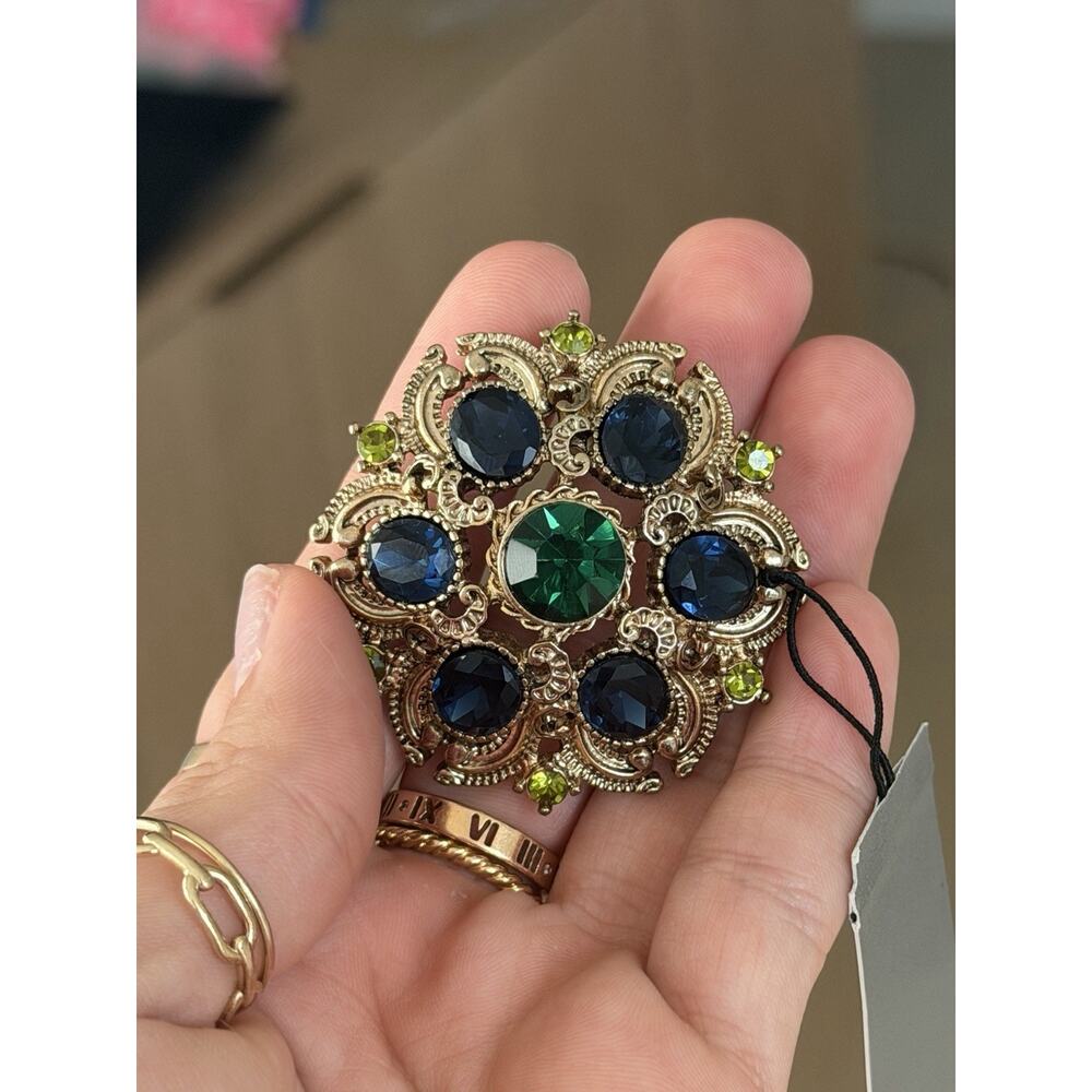Vintage Style Blue Green Rhinestone Brooch Gold Tone Ornate Statement Pin